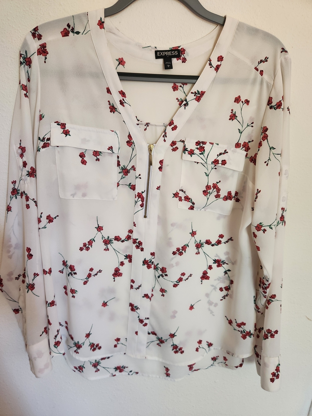 Express White Blouse with Red Floral Print and Front Zip